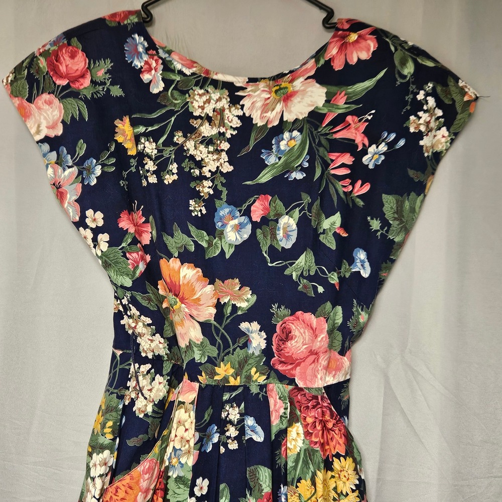 Vintage 90s E.D. Michaels Floral Dress Womens M Navy Blue Cottagecore Teacher